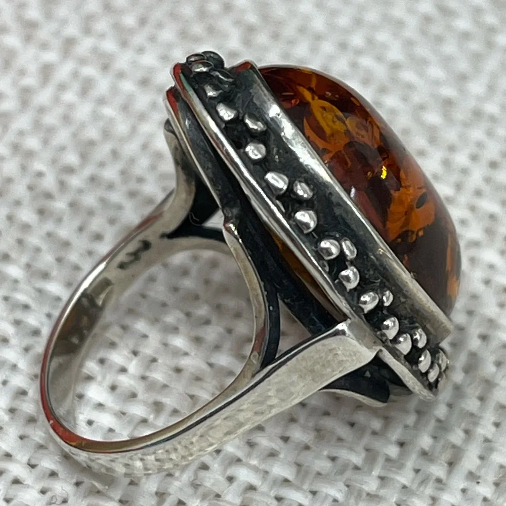 Vintage 925 Poland Baltic Amber Sterling Silver Ring, Size 5.5 - Picture 10 of 16